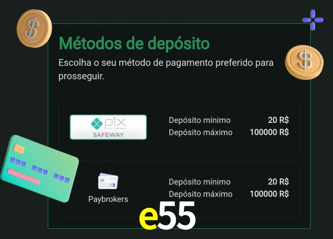 O cassino e55 oferece uma grande variedade de métodos de pagamento